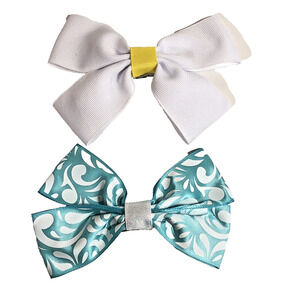 Pair Hair Clip Barrettes - Teal Blue White - Ribbon Bow Knot New Coquette 5"